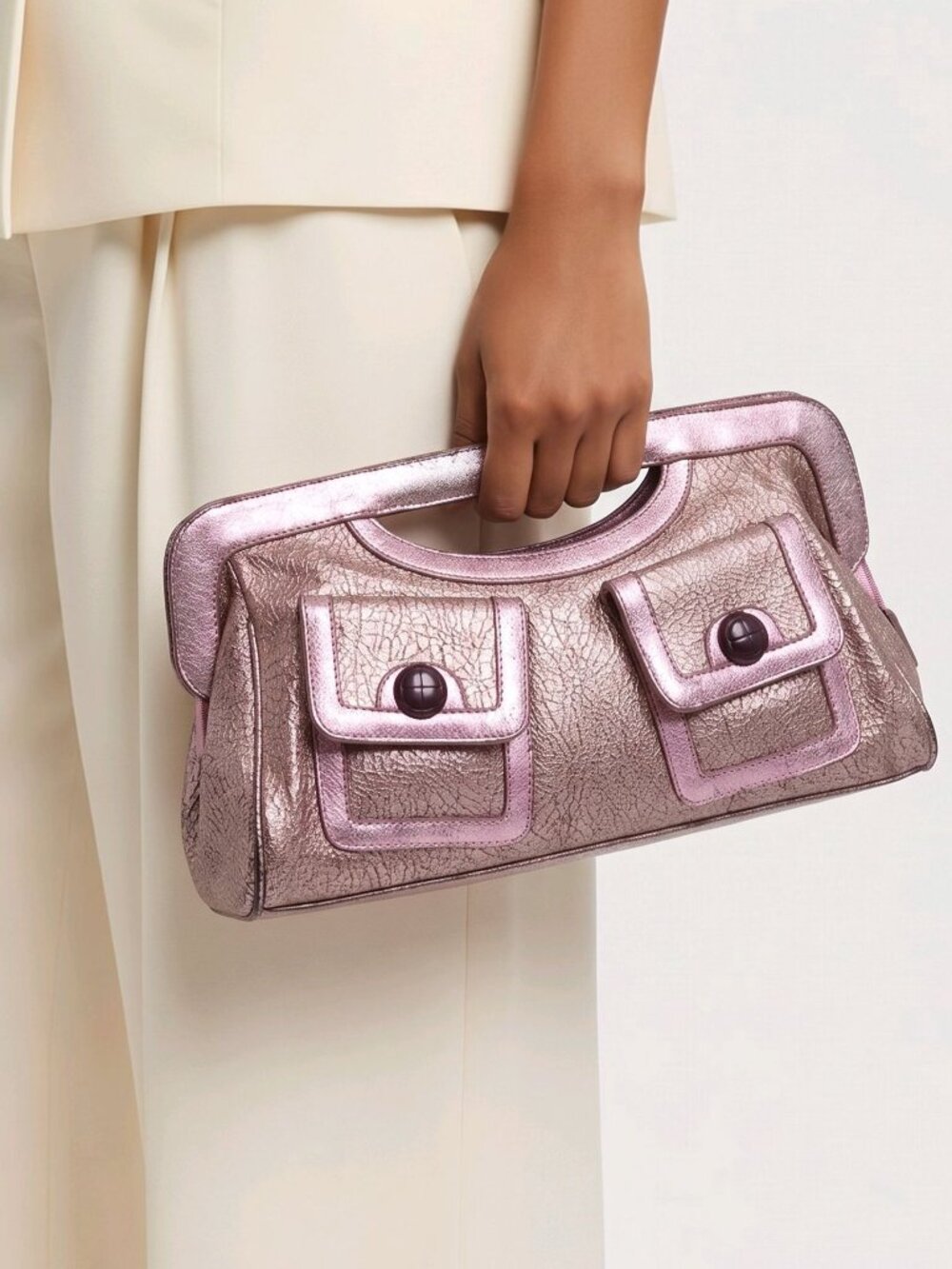 Hadley Pollet ✦ Seaside Peek‑A‑Boo Metallic Pink Crinkle Clutch ✦ Dual Pockets